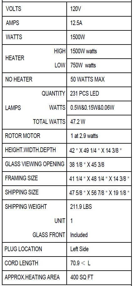 48" TRD-LUMINA Electric Fireplace specs