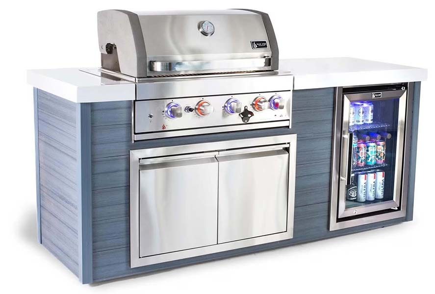 Mont Alpi 4-Burner Stainless Steel, Art-Wood, Propane Island Grill with Refrigerator, Infrared Rear Burner and Rotisserie Kit 