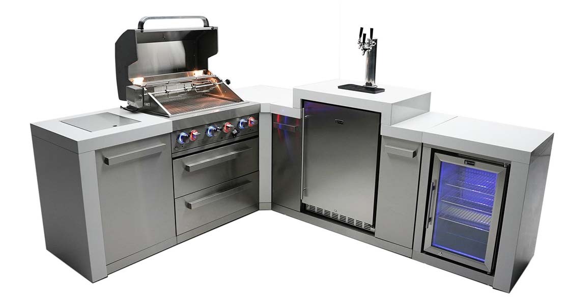 Mont Alpi 400 Deluxe 90 Degree Natural Gas Island Grill with Kegerator and Fridge Cabinet