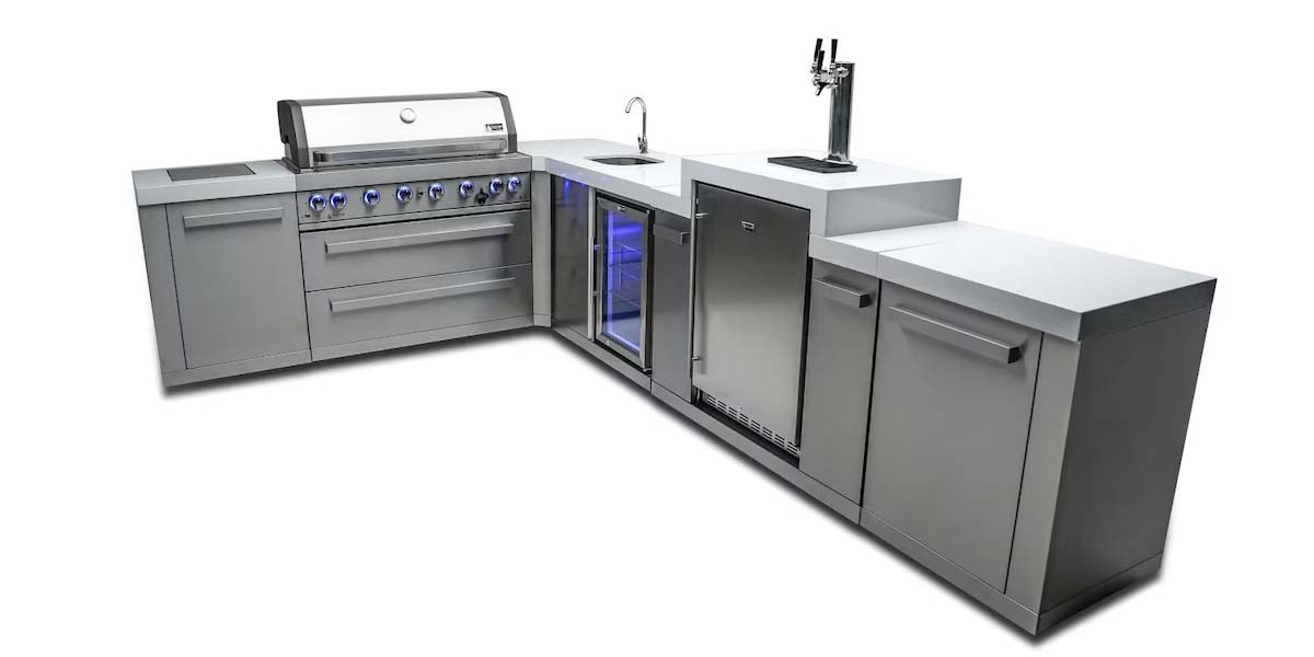 MONT ALPI 6-BURNER ISLAND WITH A 90-DEGREE CORNER, KEGERATOR, and BEVERAGE CENTER 