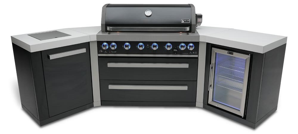 Mont Alpi 805 Black Stainless Steel 45 Degree Gas Island Grill with Refrigerator Cabinet