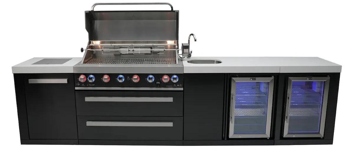MONT ALPI 6-BURNER ISLAND with BEVERAGE CENTER and FRIDGE CABINET