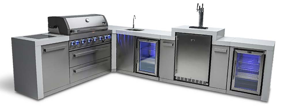 MONT ALPI 6-BURNER 805 DELUXE ISLAND WITH A 90-DEGREE CORNER AND KEGERATOR and BEVERAGE CENTER and FRIDGE CABINET 