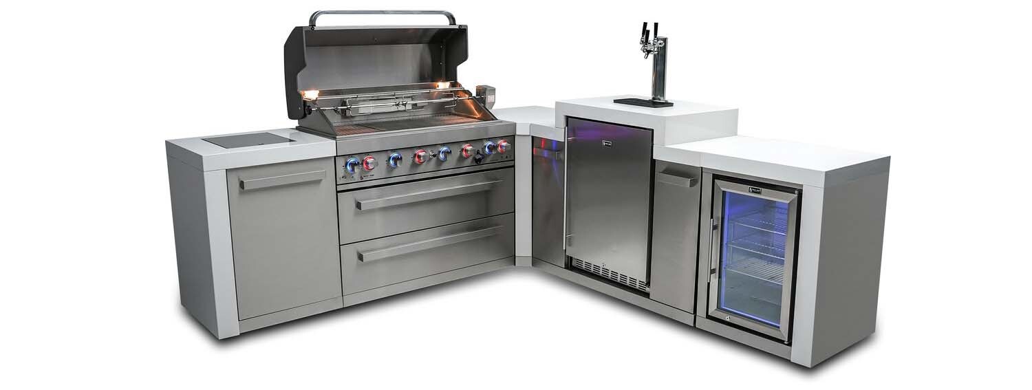 MONT ALPI 6-BURNER 805 DELUXE ISLAND WITH A 90-DEGREE CORNER AND KEGERATOR and FRIDGE CABINET