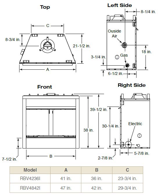 Majestic Reveal Gas Fireplace dimensions - front