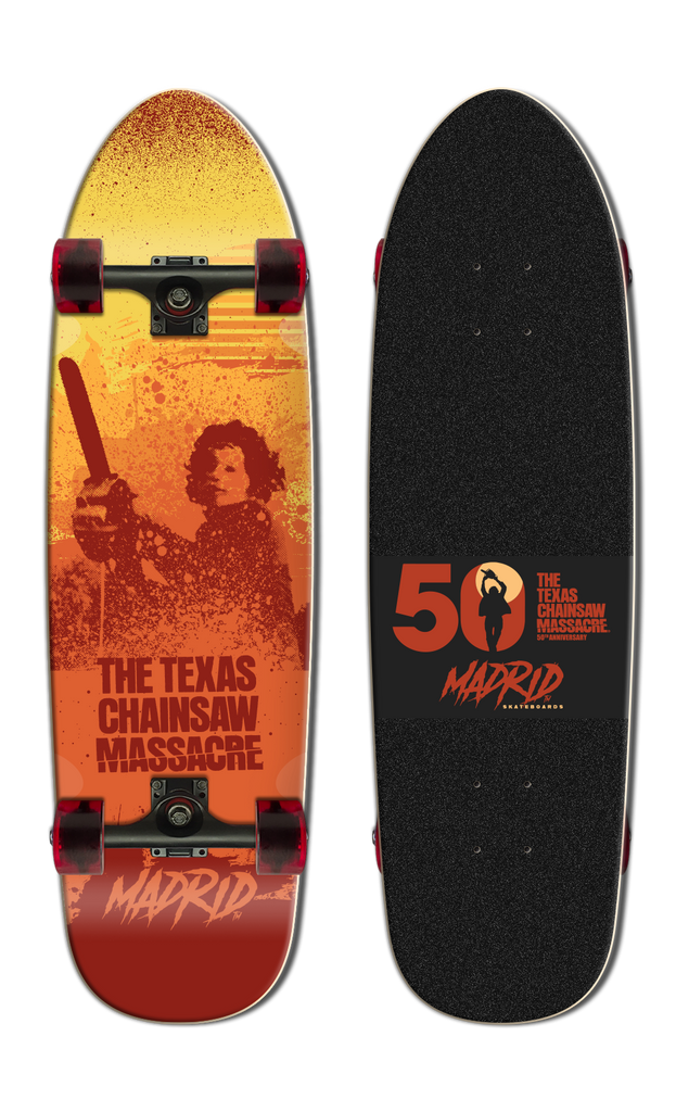 *Pre Order* Texas Chainsaw Massacre Sunrise Complete Skateboard Shrimp Shape 30 x 8.5 WB15 W/56mm Cruisers with Chainsaw Print