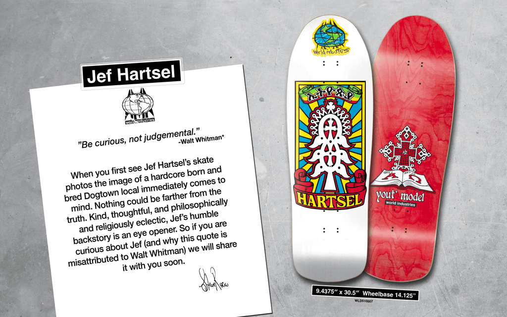 World Industries Jeff Hartsel Yout Model Old School Skateboard Deck Original Shape Heat Transfer 