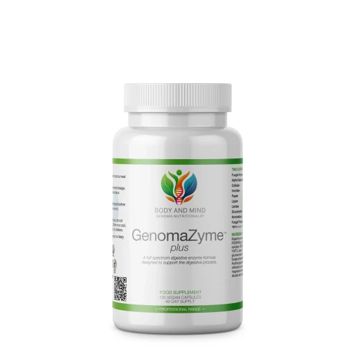 Body and Mind Genoma Nutritionals™ GenomaZyme™ plus (120 Vegan Capsules). Bottle.