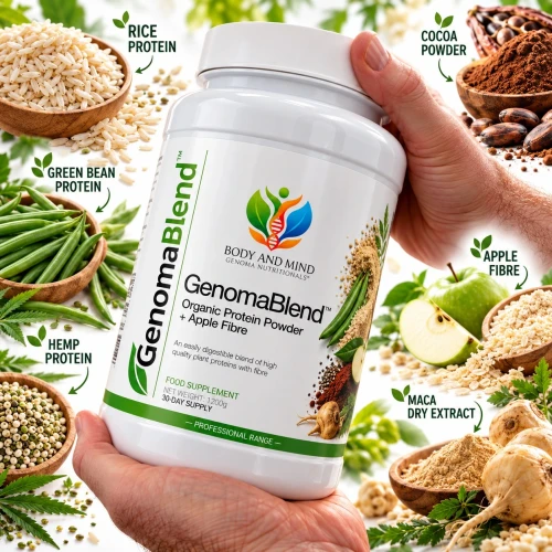 Genoma Nutritionals® GenomaBlend™ Organic Protein Powder + Apple Fibre (1200g). Tub in hands.