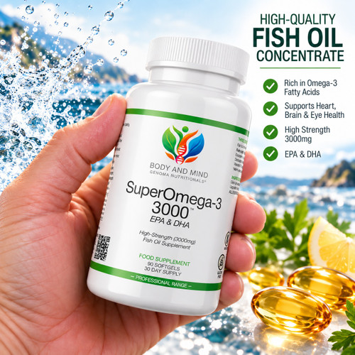 Body and Mind Genoma Nutritionals™ SuperOmega-3 3000™ EPA & DHA (90 Softgel Capsules). Bottle in hand.