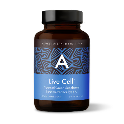D'Adamo Personalized Nutrition Live Cell A Sprouted Greens for Blood Type A (90 Vegetarian Capsules). Bottle.