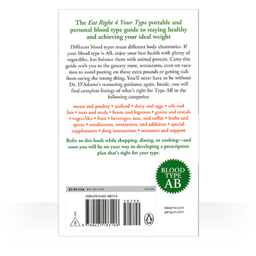 Blood Type AB Food, Beverage and Supplement Lists (Paperback Book). Dr Peter J. D'Adamo with Catherine Whitney. Back Cover.