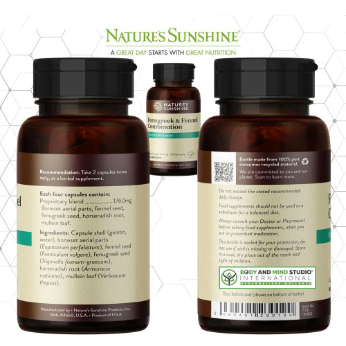 Nature's Sunshine Products Fenugreek & Fennel Combination (100 Capsules). Label. Ingredients.