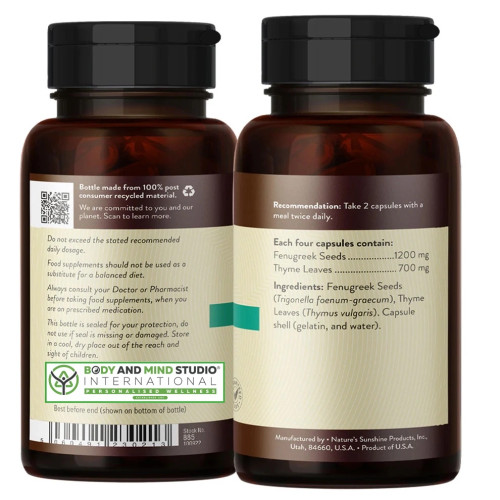 Nature's Sunshine Products Fenugreek & Thyme (100 Capsules). Label. Ingredients.