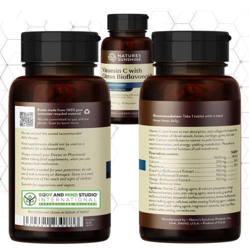Nature's Sunshine Products Vitamin C with Citrus Bioflavonoids (90 Vegetarian Tablets). Label. Ingredients.