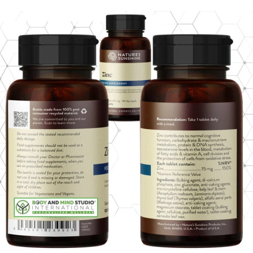 Nature's Sunshine Products Zinc (120 Vegan Tablets). Label. Ingredients.