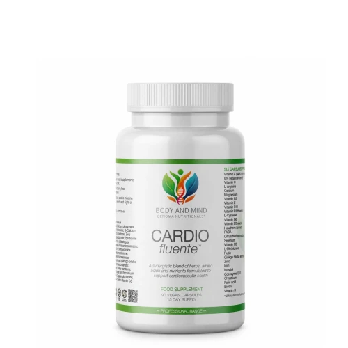Body and Mind Genoma Nutritionals™ CARDIO fluente™ (90 Vegan Capsules). Bottle.