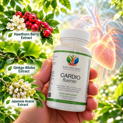 Body and Mind Genoma Nutritionals™ CARDIO fluente™ (90 Vegan Capsules). Bottle in hand.