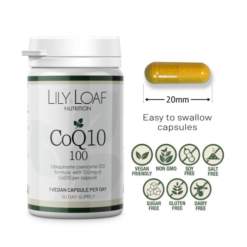Lily & Loaf CoQ10 Ubiquinone 100mg (30 Vegan Capsules). Vegan. Vegetarian. Non GMO. Soy Free. Salt Free. Sugar Free. Gluten Free. Dairy Free.