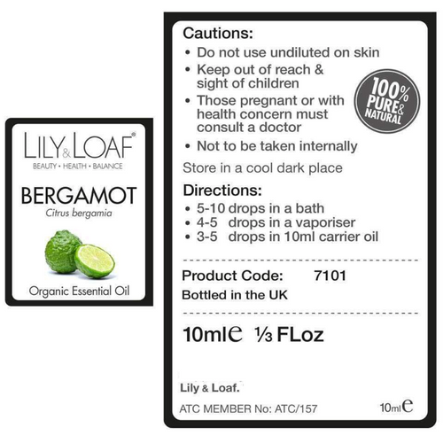 Lily & Loaf - Organic Essential Oil - Bergamot (10ml) - Label