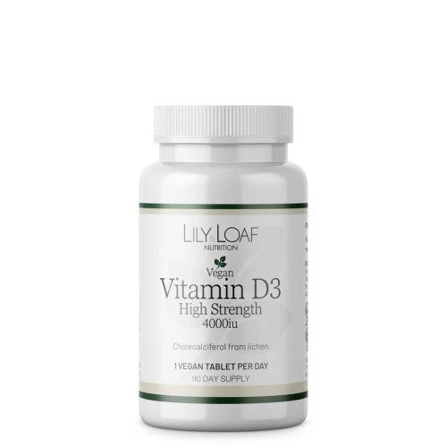 Lily & Loaf High Strength Organic Vitamin D3 - 4000IU (90 Vegan Tablets). Bottle.