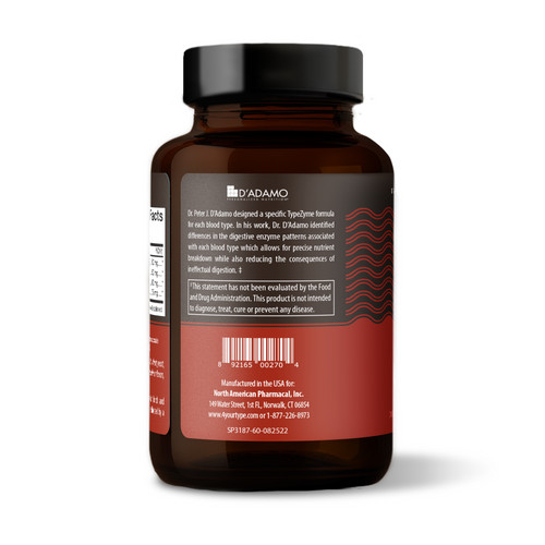 D'Adamo Personalized Nutrition TypeZyme O - Digestive Enzyme for Blood Type O (60 Capsules). Bottle.