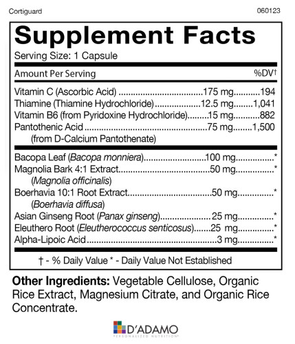 D'Adamo Personalized Nutrition Cortiguard Label, Ingredients.
