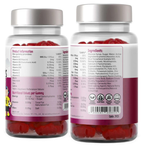 Healthy Rascals - Children's Multi-Vits & Minerals (30 Vegan Bears). Label. Ingredients.