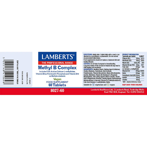 Methyl B Complex (60 Vegan Tablets) Label, ingredients.