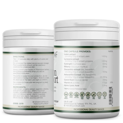 Lily & Loaf Vision Support (90 Vegan Capsules) label, ingredients.