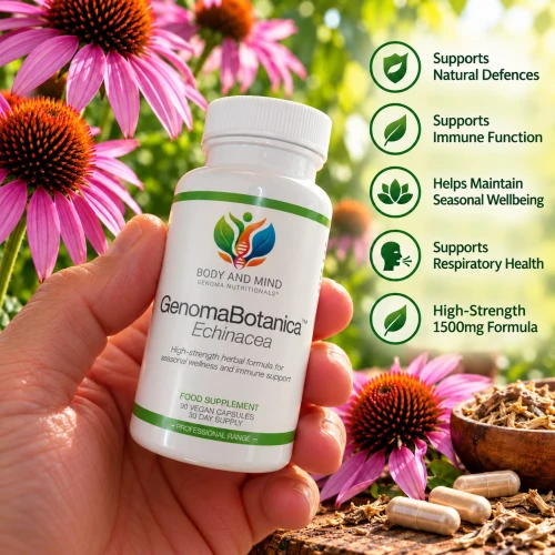 Body and Mind Genoma Nutritionals® GenomaBotanica™ Echinacea (90 Vegan Capsules). Bottle in hand.