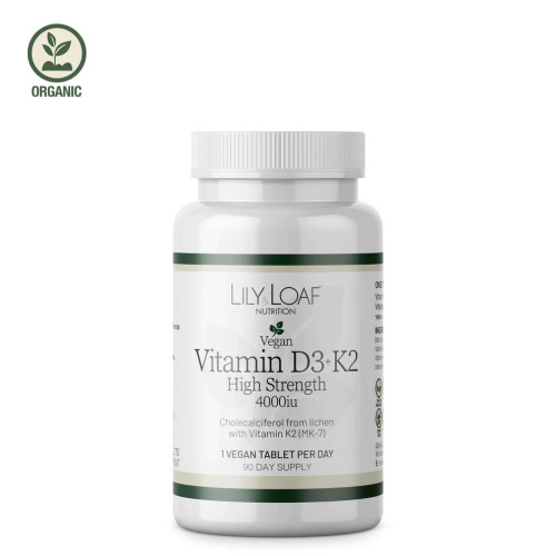 High Strength Organic Vitamin D3 + K2 (90 Vegan Tablets). Bottle.