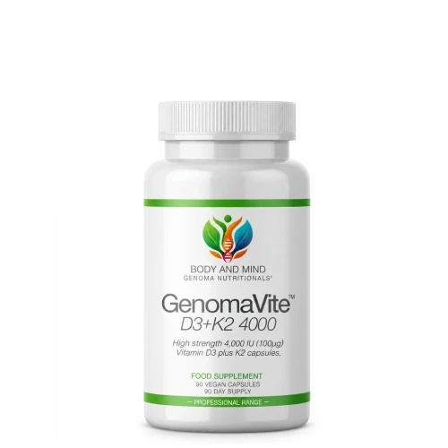 Body and Mind Genoma Nutritionals® GenomaVite™ D3+K2 4000 (90 Vegan Capsules). Bottle.