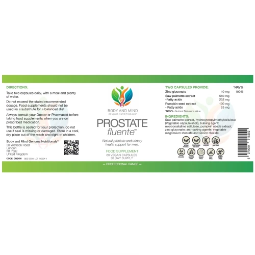 Body and Mind Genoma Nutritionals Prostate fluente (60 Vegan Capsules). Full Label and Ingredients.