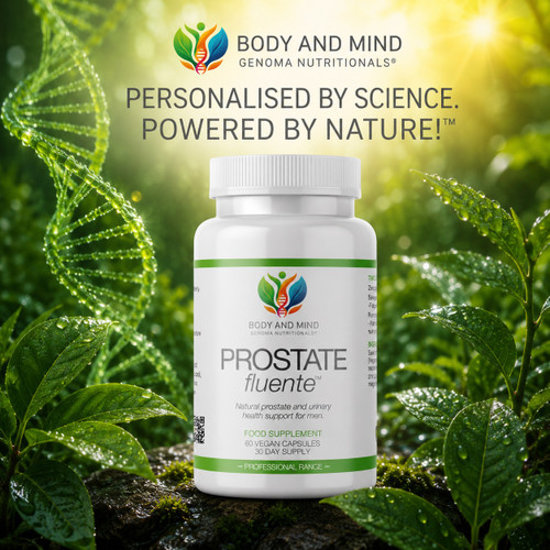 Body and Mind Genoma Nutritionals® Prostate fluente® (60 Vegan Capsules). PERSONALISED BY SCIENCE. POWERED BY NATURE!™