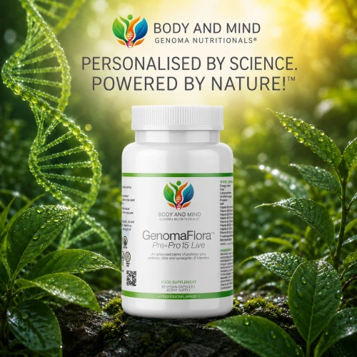 Body and Mind Genoma Nutritionals™ GenomaFlora™ Pre+Pro 15 Live (90 Vegan Capsules). PERSONALISED BY SCIENCE. POWERED BY NATURE!™