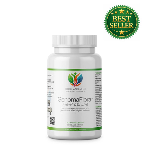 Body and Mind Genoma Nutritionals™ GenomaFlora™ Pre+Pro 15 Live (90 Vegan Capsules). Bottle. Best-seller!
