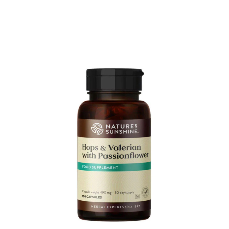 Nature's Sunshine Products Hops & Valerian with Passion Flower (100 Capsules). Bottle.