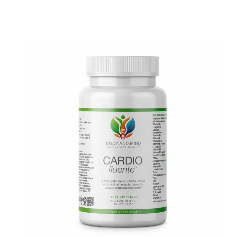 Body and Mind Genoma Nutritionals™ CARDIO fluente™ (90 Vegan Capsules). Bottle.