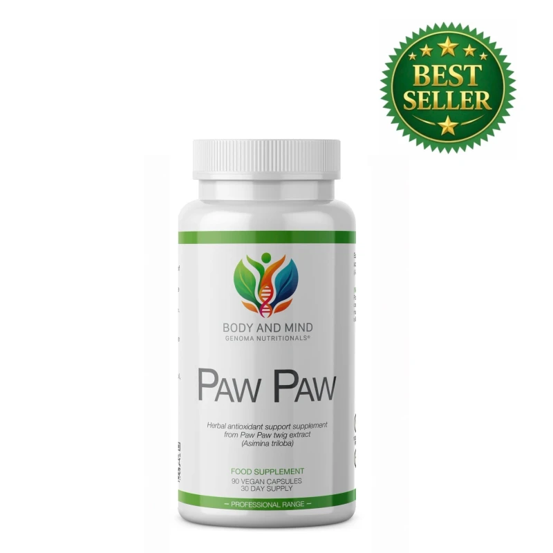 Body and Mind Genoma Nutritionals™ Paw Paw (90 Vegan Capsules). Bottle.
