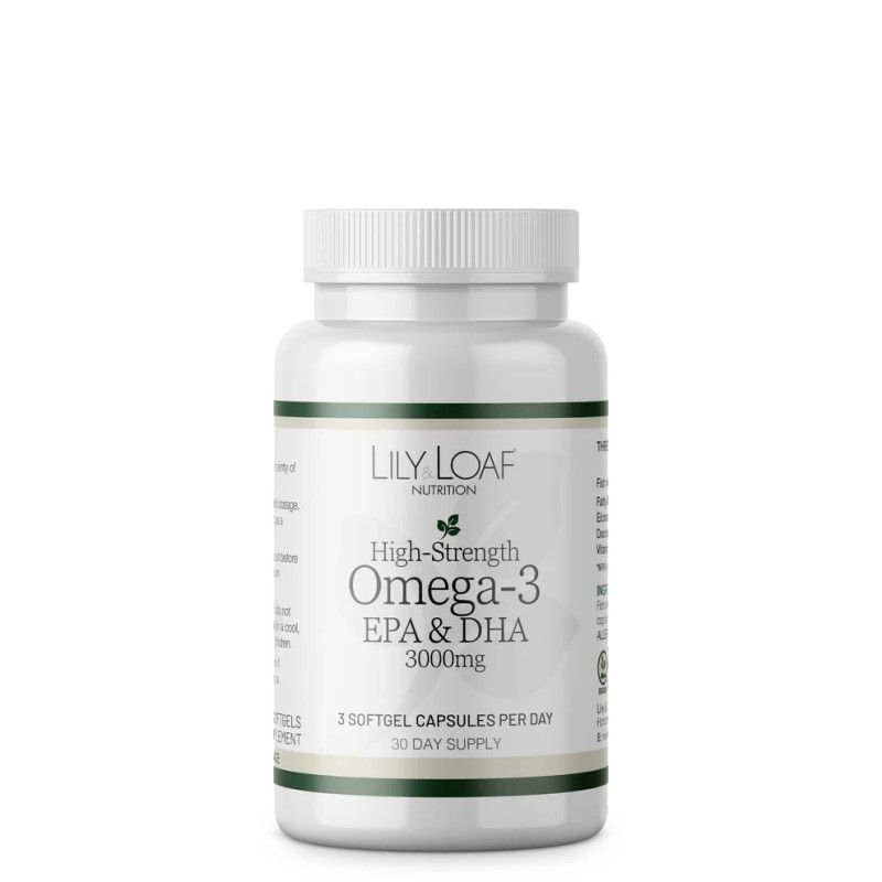 Lily & Loaf High Strength Omega-3 EPA & DHA 3000mg (90 Softgels). Bottle.