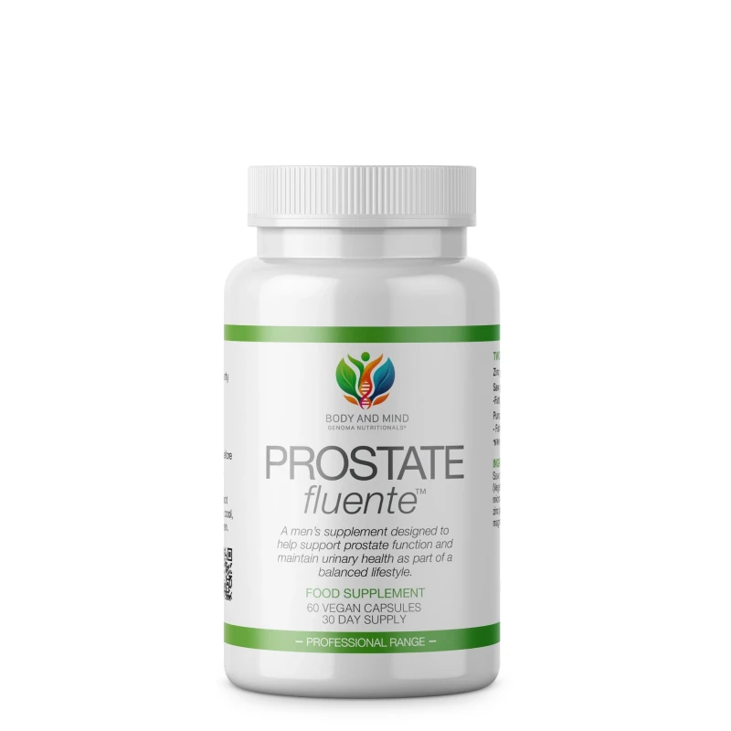 Body and Mind Genoma Nutritionals Prostate fluente (60 Vegan Capsules). Bottle.