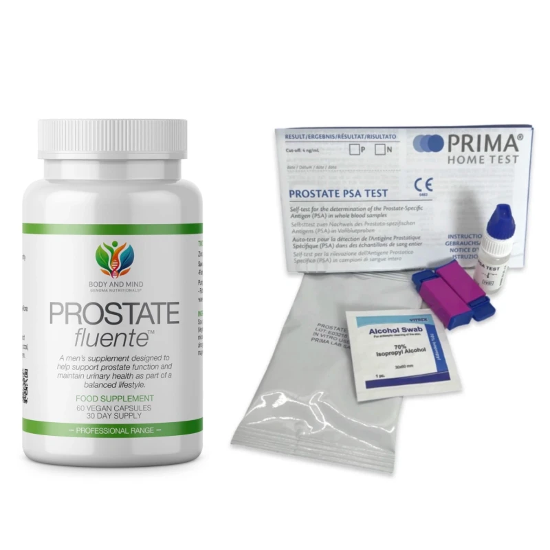 Body and Mind Genoma Nutritionals™ Prostate Support Pack: 1 x Body and Mind Genoma Nutritionals™ Prostate fluente™ (60 Vegan Capsules) and 1 x Prima Home Prostate Test Kit.
