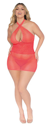 Stretch Fishnet and Scalloped Stretch Lace Chemise - Queen - Coral