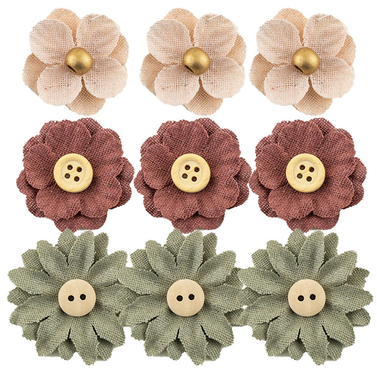 Canvas Burlap Flower w/Center Button & Bead Rust, Taupe, Olive,  1.25