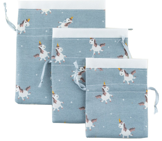 Drawstring Pouch: Dusty Blue Unicorn Assorted Size: 4.75"x5.5", 4"x5", 3.25"x4" 3 ct. Drawstring Pouch: Dusty Blue Unicorn Assorted Size: 4.75"x5.5", 4"x5", 3.25"x4" 3 ct.