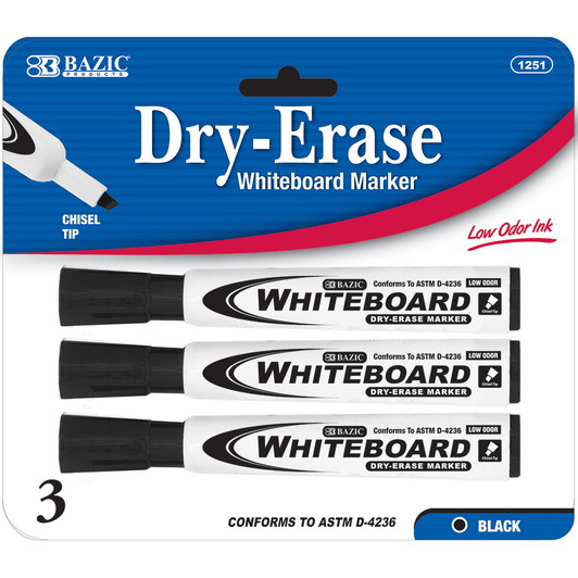 BAZIC Black Chisel Tip Dry-Erase Markers (3/Pack)