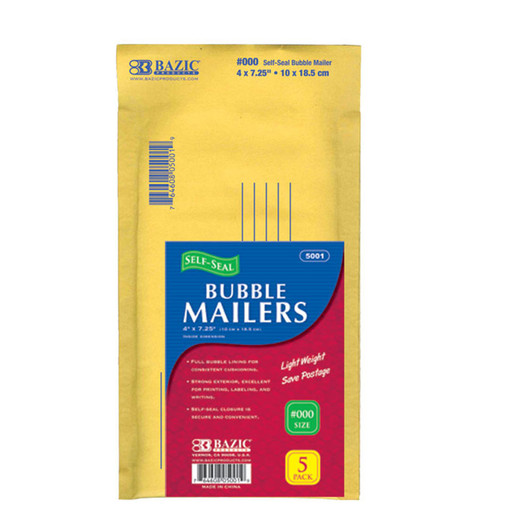 BAZIC 4" X 7.25" (#000) Self-Seal Bubble Mailers (5/Pack) BAZIC 4" X 7.25" (#000) Self-Seal Bubble Mailers (5/Pack)
