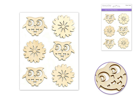 Paper Craft Embellishments Laser Cut Wood Stickers 5"x8", Owls & Flower Shapes Paper Craft Embellishments Laser Cut Wood Stickers 5"x8", Owls & Flower Shapes