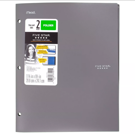 Five Star Brand" 3 Hole Punched, Two Pocket Poly Folder Five Star Brand" 3 Hole Punched, Two Pocket Poly Folder